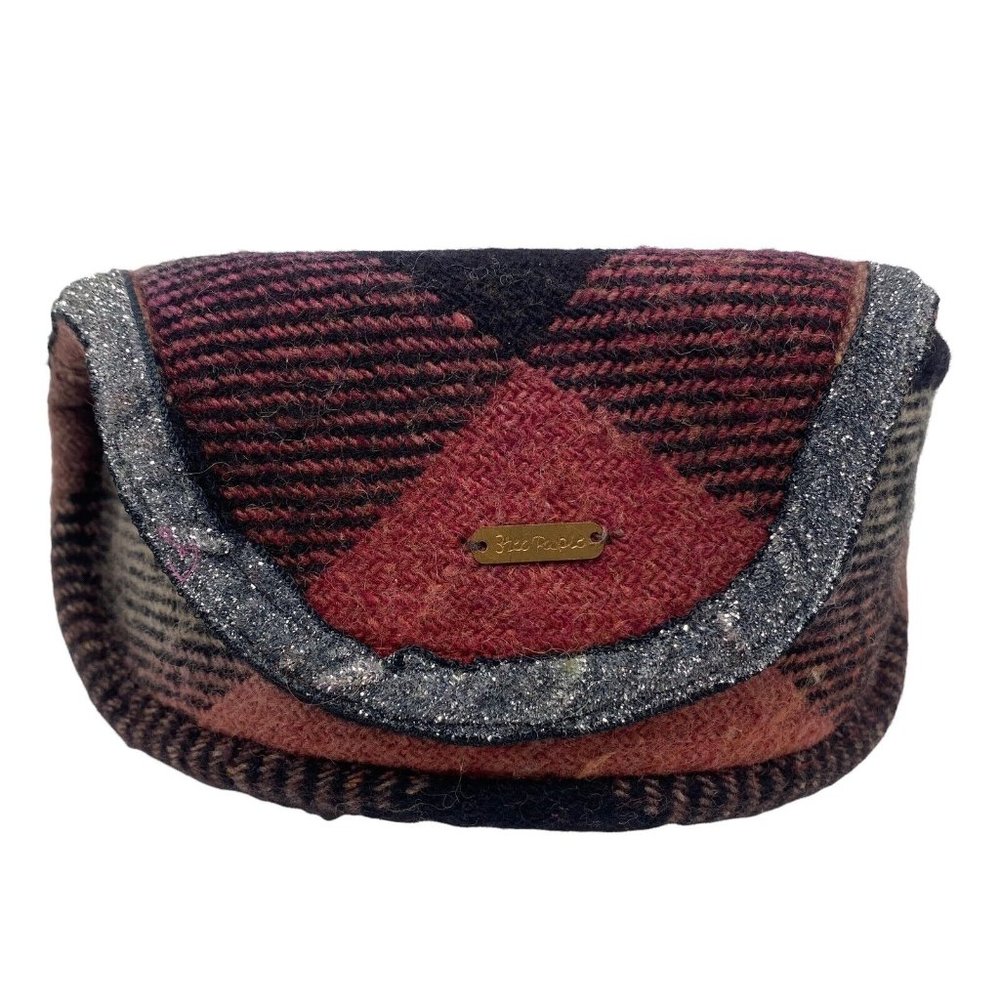 Free People Wool Felt Glasses Case Pouch Red Black Check Plaid Silver Trim